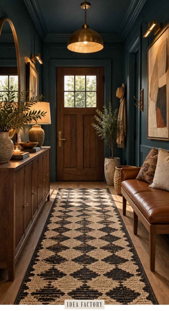 An entryway with dark blue walls, a wooden door, a diamond-patterned runner rug, a wooden console table, and a brown leather bench.