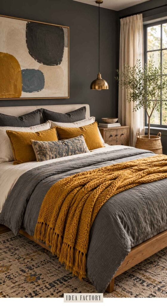 A bed made with gray bedding, mustard yellow pillows, and a matching fringed throw blanket, set against a dark wall with an abstract painting above the headboard.