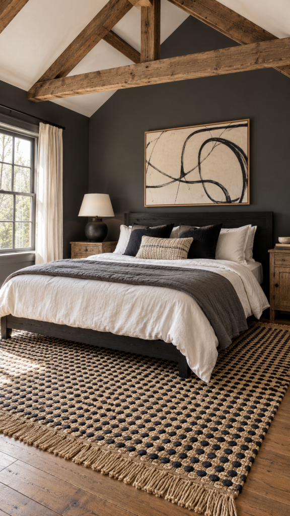 A bedroom with a queen bed featuring dark bedding and a patterned rug, set against a dark gray wall with wooden ceiling beams and an abstract art piece.