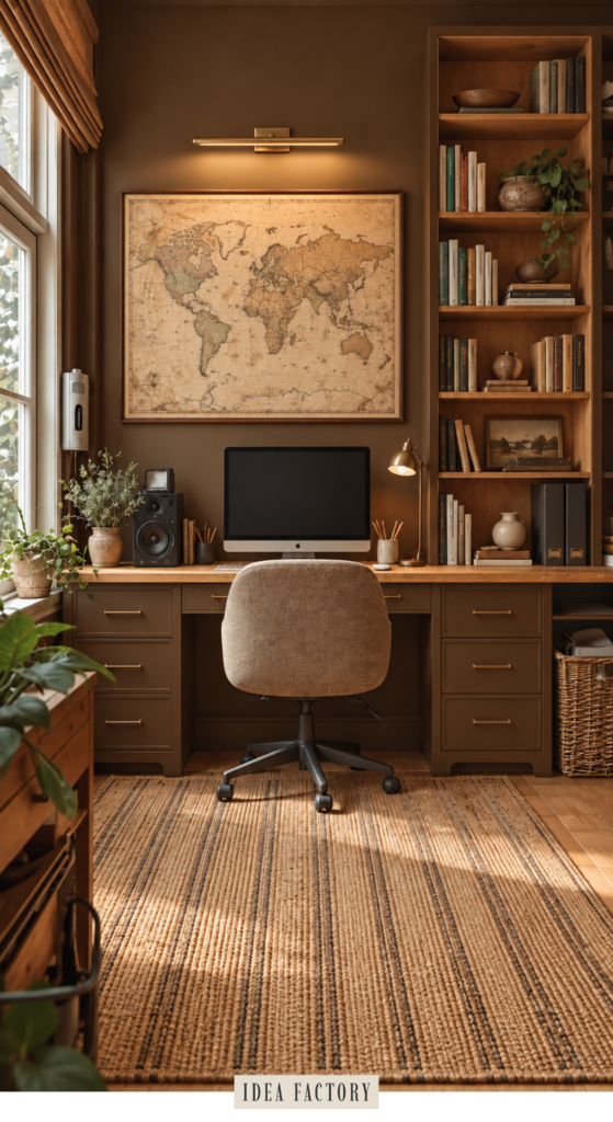 A small moody home office featuring a desk with a computer, a large world map on the wall, and a floor-to-ceiling bookshelf.