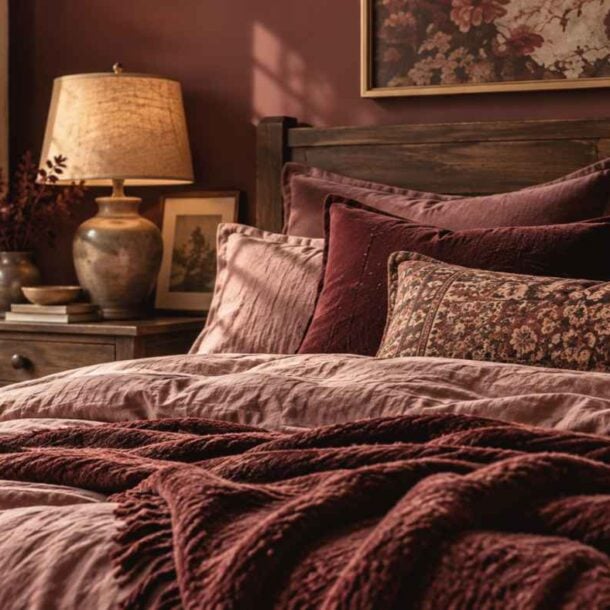 A bed with dark red, mauve, and floral bedding against a dark wood headboard and deep red walls, highlighting dark mauve bedroom ideas.