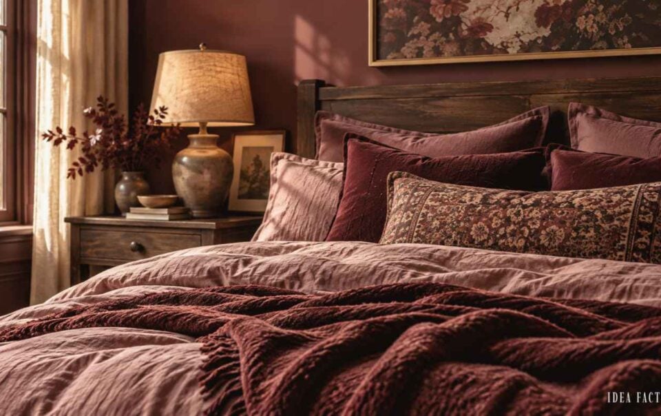 A bed with dark red, mauve, and floral bedding against a dark wood headboard and deep red walls, highlighting dark mauve bedroom ideas.