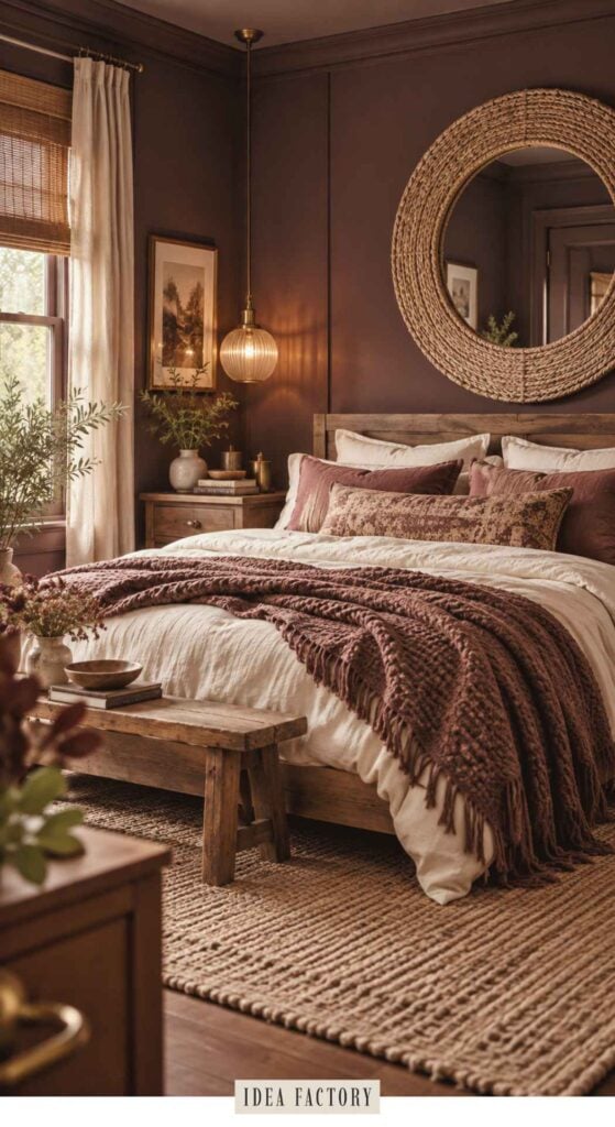 A bedroom featuring dark mauve decor, with a wooden bed, cream bedding, a chunky knit throw, and a large round woven mirror on a dark brown wall.