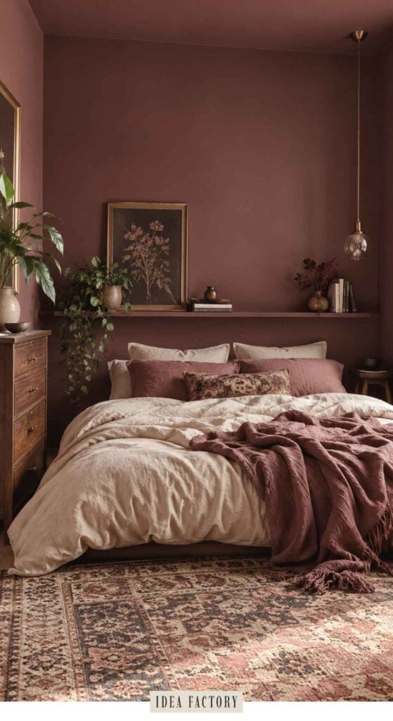 A bedroom with neutral and dusty rose bedding, a dark red accent wall, a floating shelf with decor, and a patterned area rug, showcasing elegant dark mauve bedroom ideas.