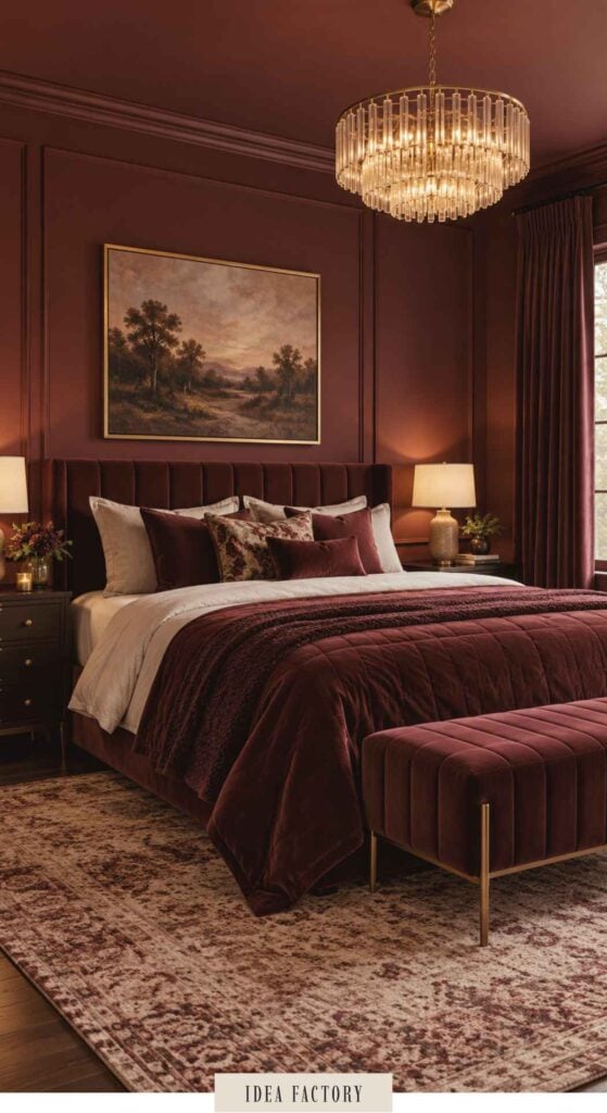 A bedroom with a deep red upholstered bed, matching bench, and a crystal chandelier, featuring a landscape painting above the headboard.