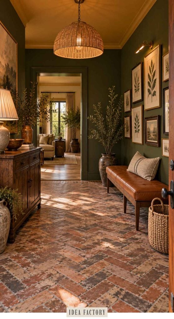 A hallway with dark green walls, a herringbone brick floor, a leather bench, and a gallery wall leading to a sunlit living room.