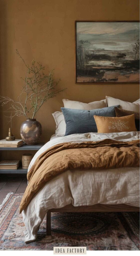 A neatly made bed with layered beige and brown bedding, several decorative pillows, and a bedside table holding a vase with branches.