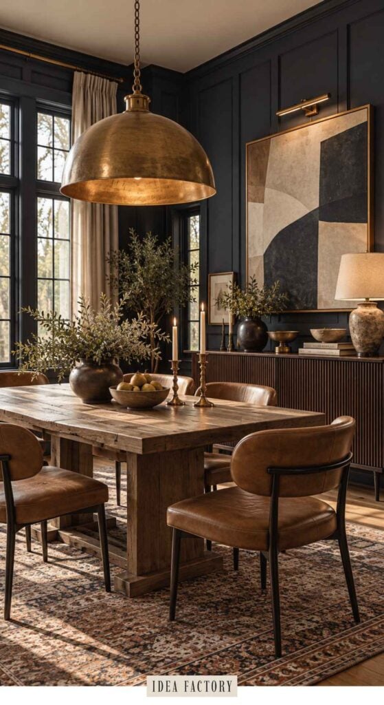 A dining room with a wooden table, leather chairs, a large brass pendant light, and dark paneled walls.
