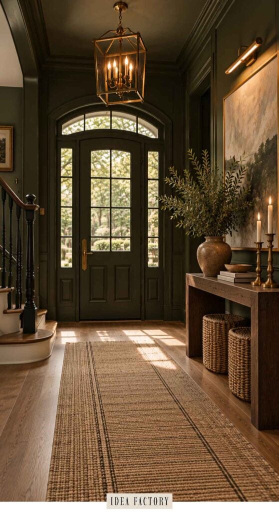 An entryway with dark green walls, a front door with glass panels, a wooden console table with a vase of greenery, and a woven runner rug on the hardwood floor.