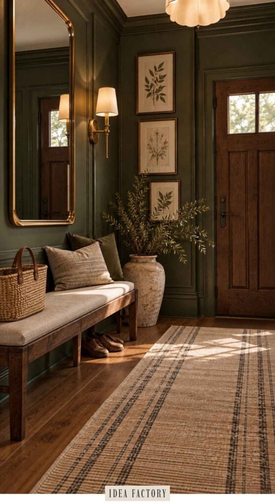 Entryway with a wooden bench, a large floor vase with greenery, and framed botanical art against dark green paneled walls.