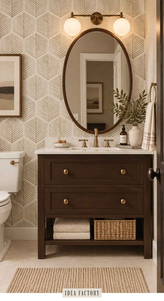 Bathroom vanity with a dark wood cabinet, oval mirror, and geometric wallpaper, with folded towels and a woven basket on the bottom shelf.