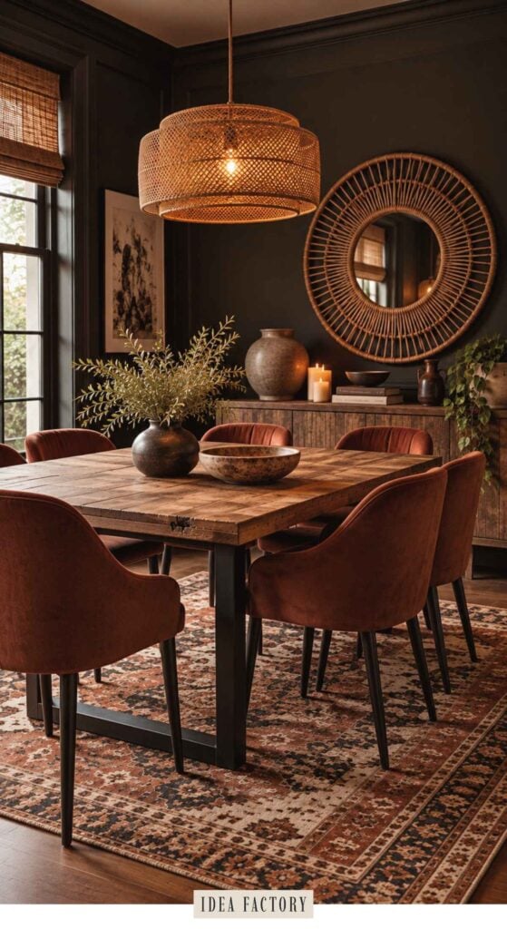 A wooden dining table surrounded by six rust-colored upholstered chairs, beneath a round woven pendant light, set on a patterned rug in a room with dark walls.