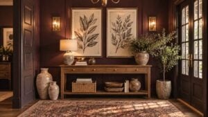 A wooden console table serves as one of many dark entryway ideas, placed against a dark wall with a lamp, decorative bowls, and two framed botanical prints, alongside potted plants and woven baskets.