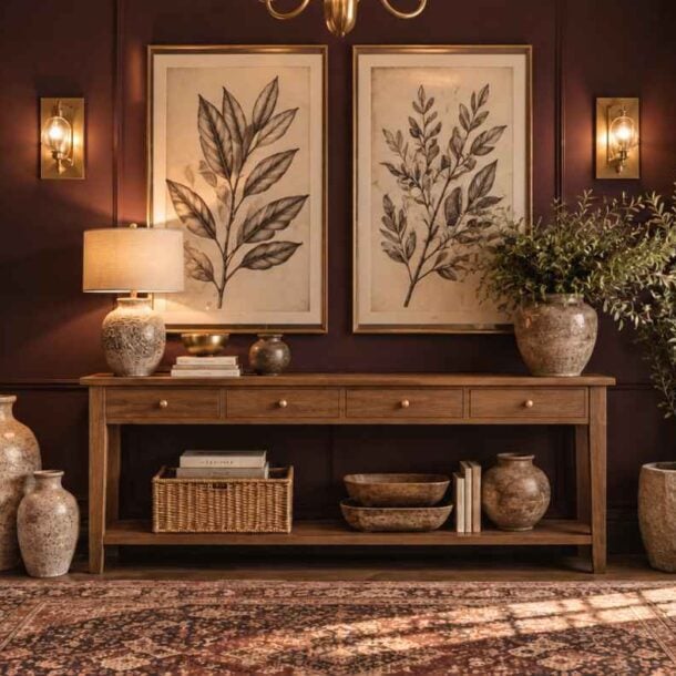 A wooden console table serves as one of many dark entryway ideas, placed against a dark wall with a lamp, decorative bowls, and two framed botanical prints, alongside potted plants and woven baskets.