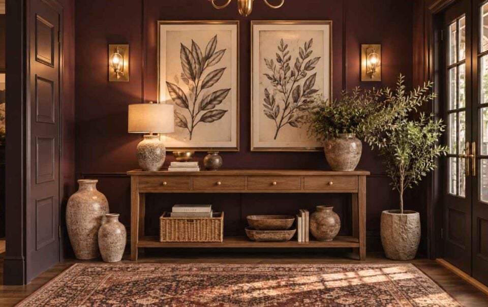 A wooden console table serves as one of many dark entryway ideas, placed against a dark wall with a lamp, decorative bowls, and two framed botanical prints, alongside potted plants and woven baskets.