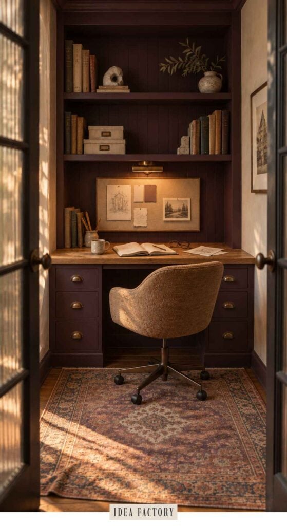 A home office nook with a dark purple built-in desk, shelving filled with books, an open notebook, and a swivel chair atop a patterned area rug.