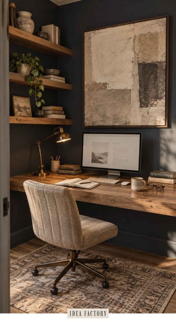 Home office with a wooden desk, computer, swivel chair, and floating shelves against a dark wall.
