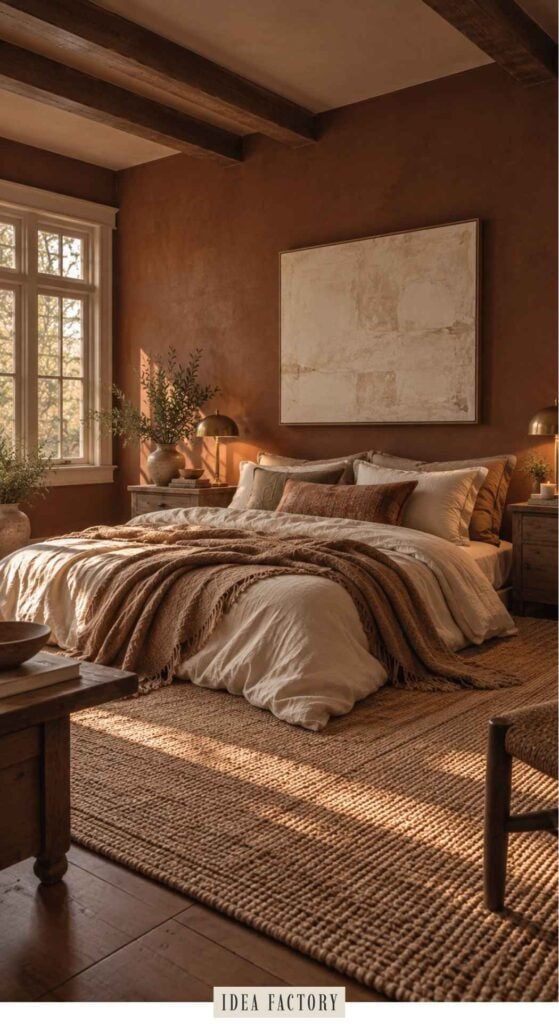 Bedroom with a made bed featuring layered beige and brown bedding, centered under a large neutral art piece on a terracotta-colored wall.