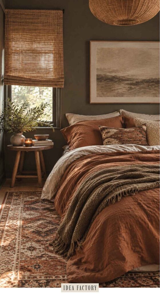 A cozy bedroom with a bed featuring rust-colored linens and a throw blanket, set against a dark wall with a woven window shade and a small wooden side table.