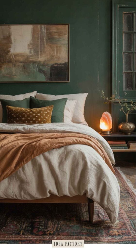 A bedroom featuring a bed with neutral linens and a mustard-colored throw, an illuminated pink salt lamp on a bedside table, and a large abstract painting on a dark green wall.