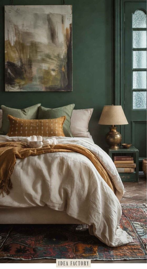 A made bed with neutral linens, a mustard-colored lumbar pillow, and a bowl of white eggs on a throw blanket, set against a dark green wall with a piece of abstract art.