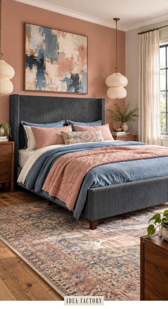 A bedroom with a charcoal-gray upholstered bed layered with blue and pink bedding, set against a dusty rose wall with an abstract painting above the headboard.