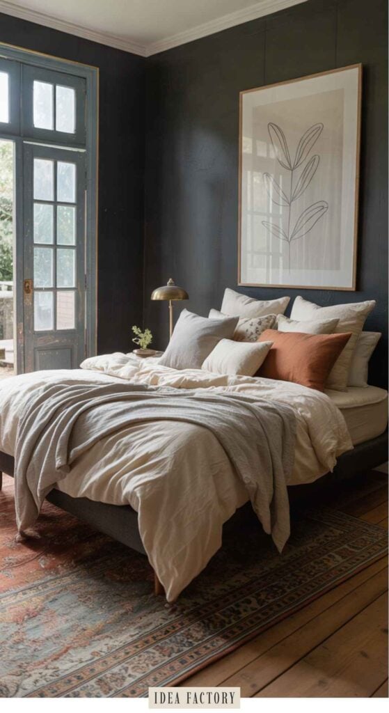 A bedroom with a bed featuring neutral and rust-colored pillows and a light-colored duvet, set against a dark wall with a framed line-art print and a glass door.