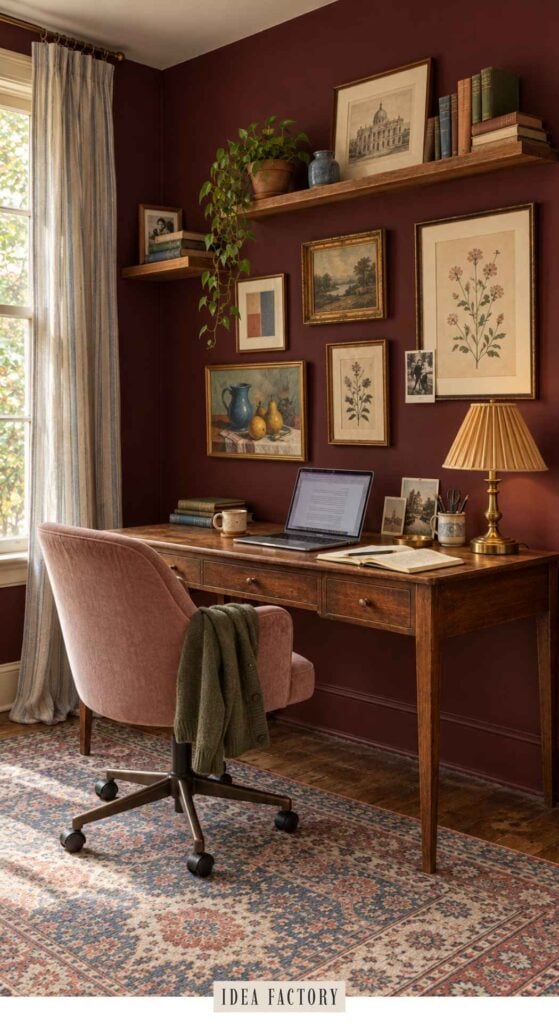 A home office with a wooden desk, a pink rolling chair with a green sweater, and a laptop, against a dark red wall decorated with framed art and a shelf of books.
