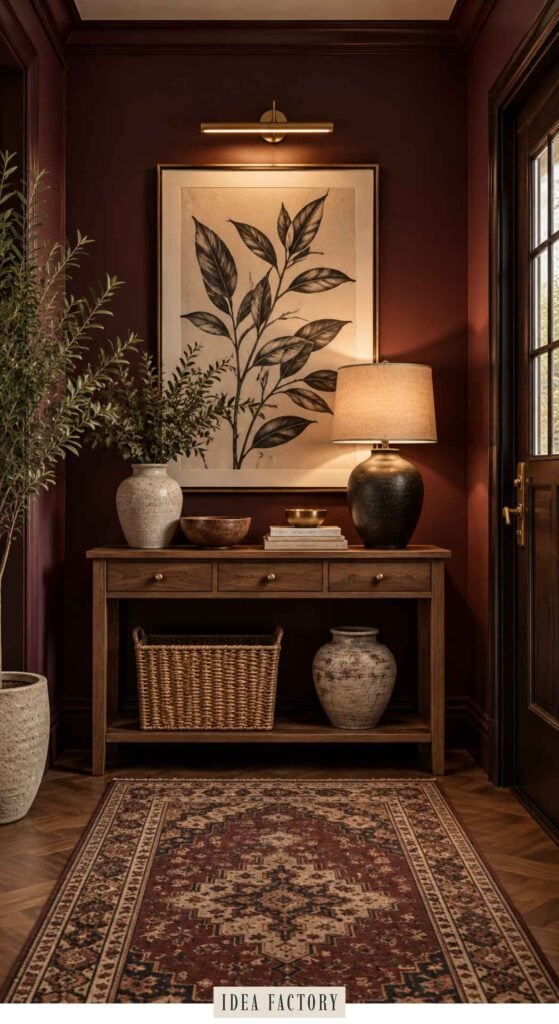 A wooden console table in a dark red entryway holds a leafy plant, a lamp, books, and decorative bowls, with a large botanical print hanging above it.