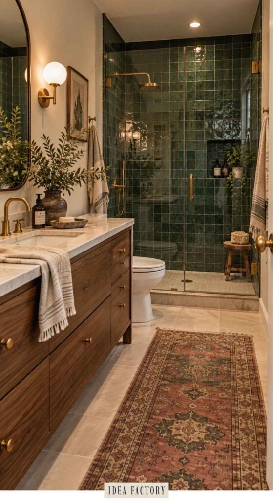 Bathroom with a wood vanity, marble countertop, and a walk-in shower with dark green square tiles and brass fixtures.