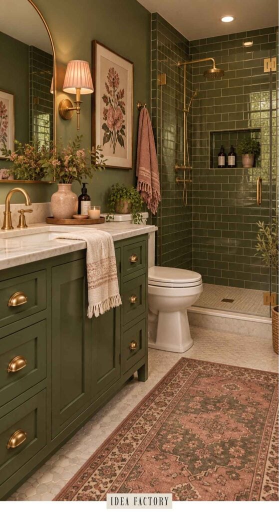 Bathroom with olive green cabinets, marble countertop, and matching green tiled shower with gold hardware, featuring a vintage-style floral rug on the floor.