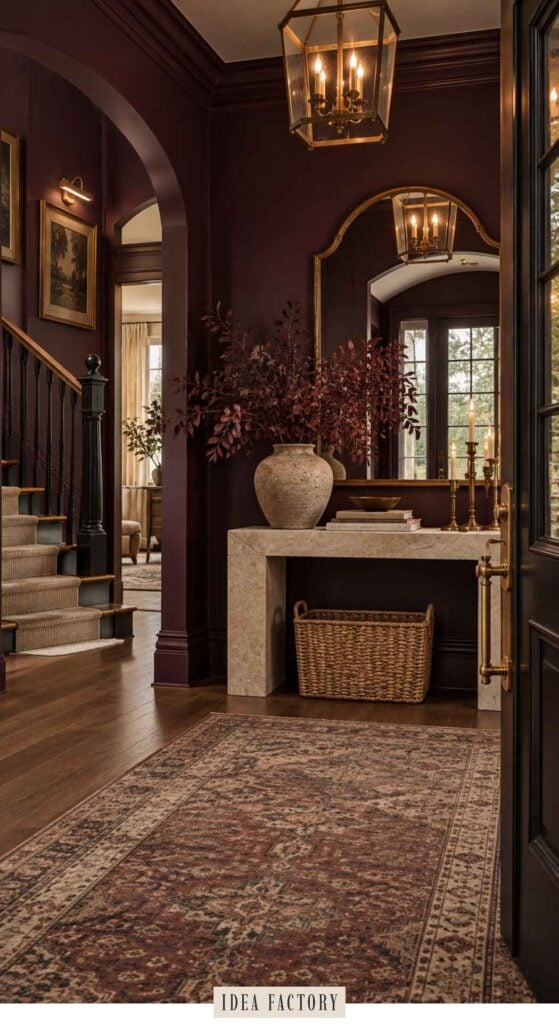 An entryway with dark plum walls, a stone console table holding a vase of dried branches, and a patterned area rug on a wood floor.