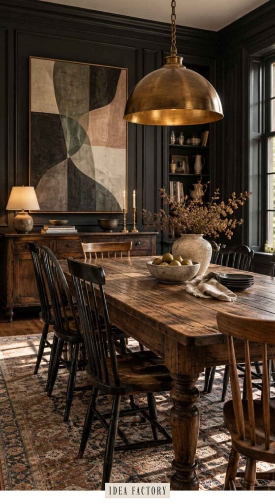 Dining room with a long wooden table, black spindle chairs, a large brass pendant light, and an abstract painting on dark paneled walls.