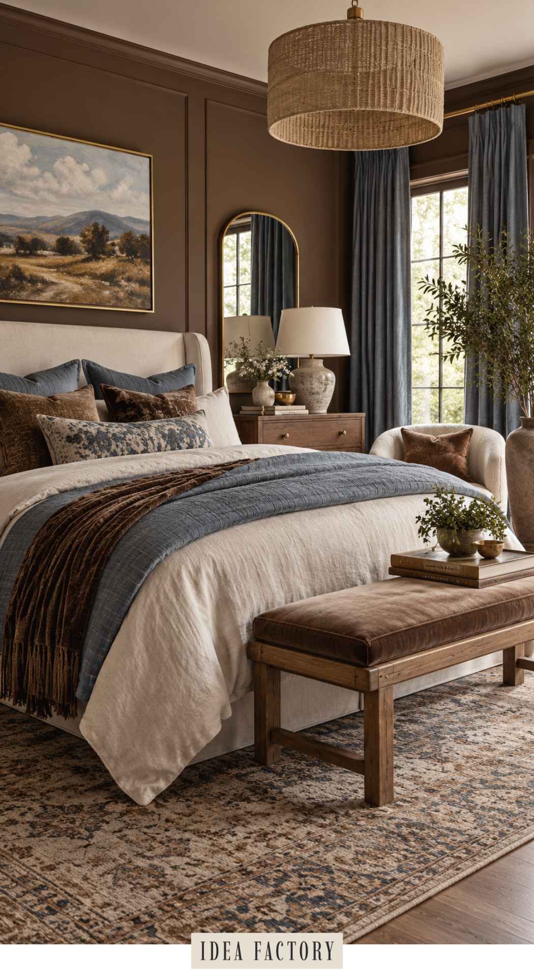 A bedroom with an upholstered bed, a brown velvet bench at the foot, a patterned rug, and blue curtains.