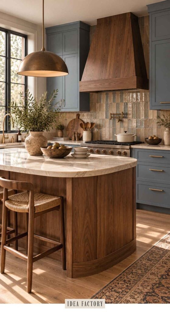 A kitchen with a curved wooden island, blue cabinets, and a wooden range hood over a stove.