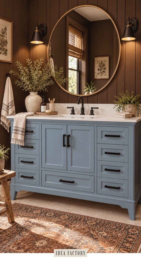 Blue bathroom vanity with matte black hardware, white countertop, and a large round gold-framed mirror on a dark wood-paneled wall.