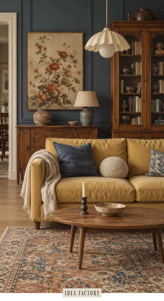 A mustard sofa with blue and white throw pillows sits in a dark blue living room in front of a wooden cabinet and a floral painting.