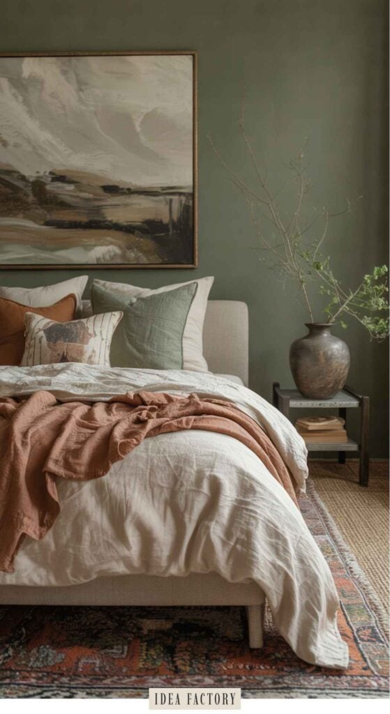 A bedroom featuring an upholstered bed with layered tan and rust-colored bedding, positioned against a sage green wall with an abstract landscape painting and a side table holding a vase with branches.