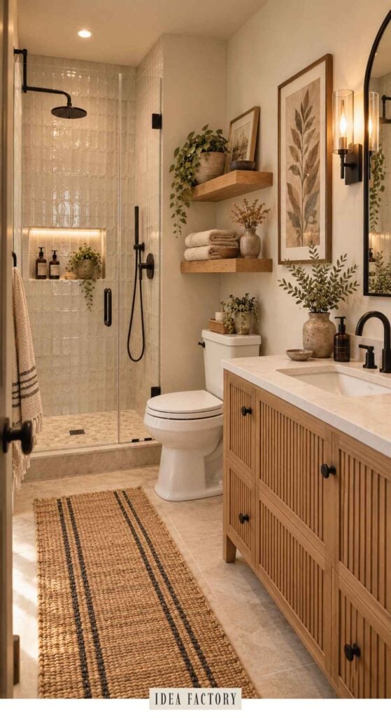 A bathroom featuring a walk-in glass shower, a white toilet, a wooden vanity with a stone countertop, and two floating shelves decorated with plants and towels.