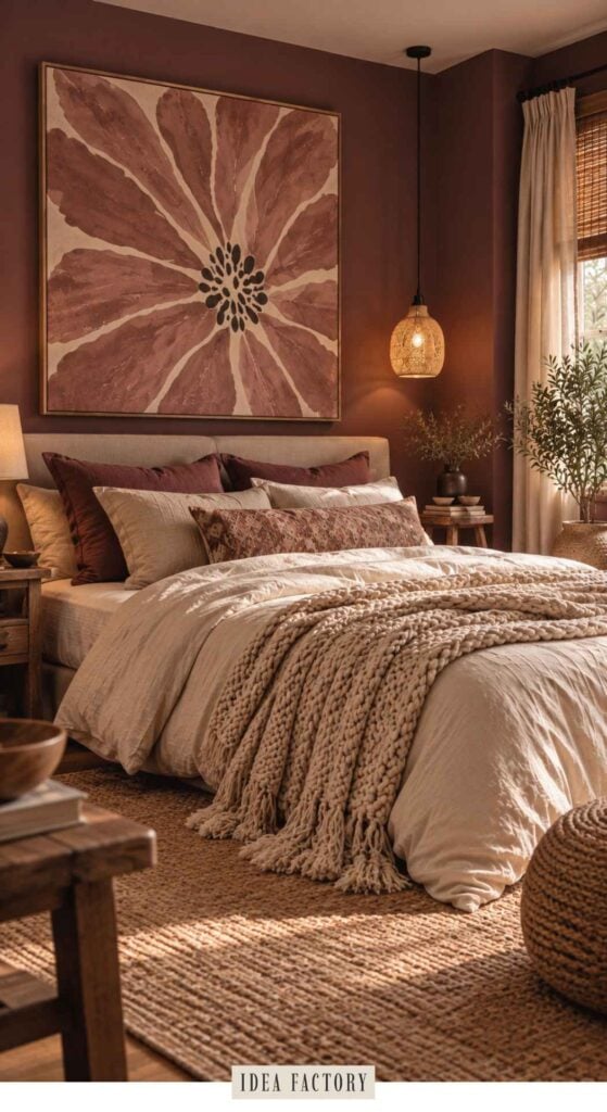 A cozy dark mauve bedroom with a bed featuring layered linens, a chunky knit throw blanket, and a large abstract flower painting hanging on the wall.