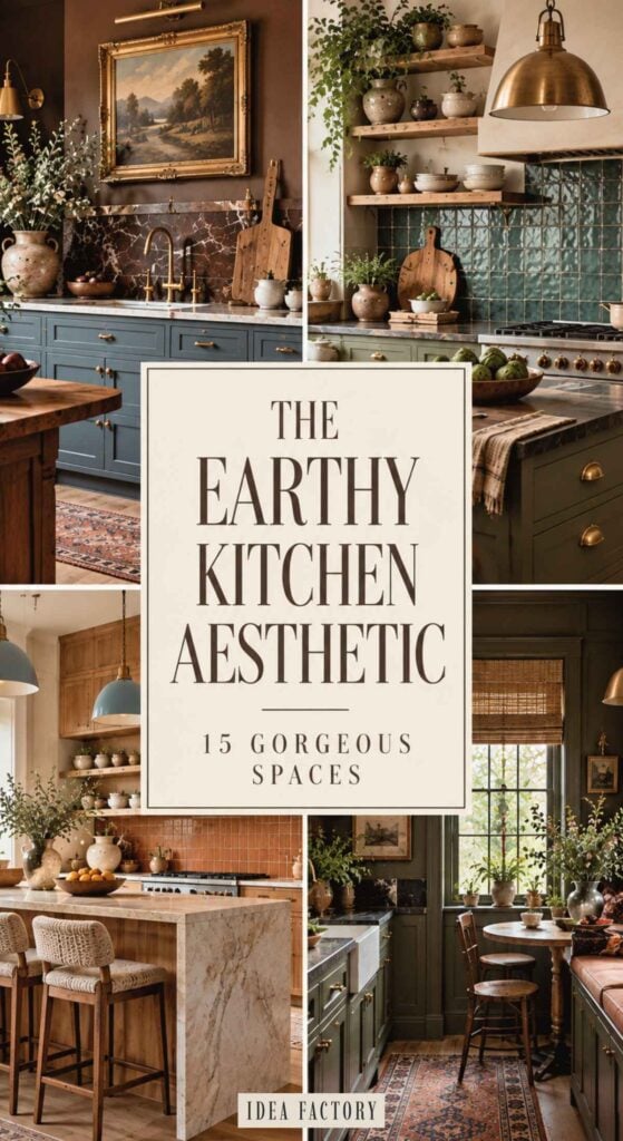 A collage of four kitchen interiors surrounding text that reads: The Earthy Kitchen Aesthetic, 15 Gorgeous Spaces, showcasing a variety of earthy kitchen ideas.