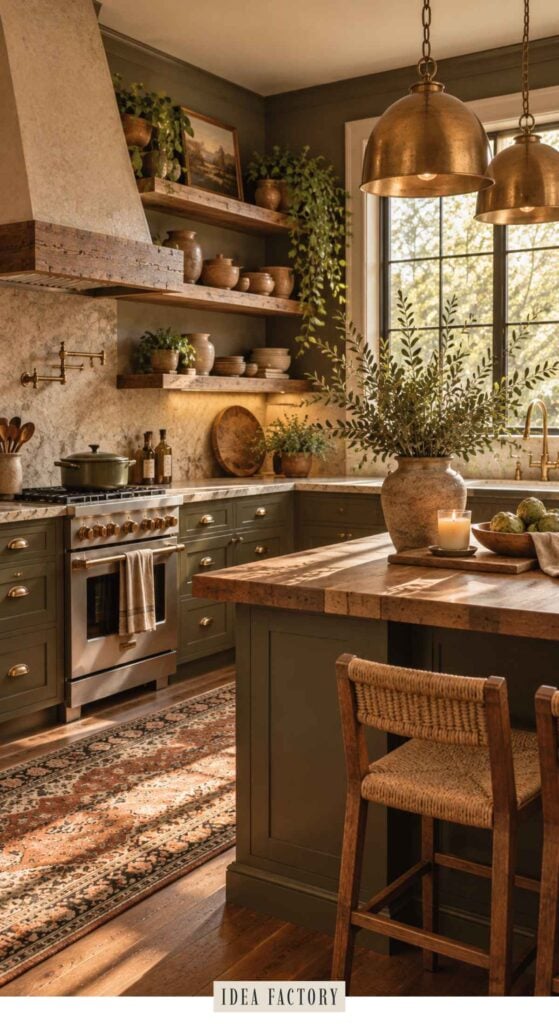 An earthy kitchen with green cabinetry, a butcher block island, and two brass pendant lights hanging above.