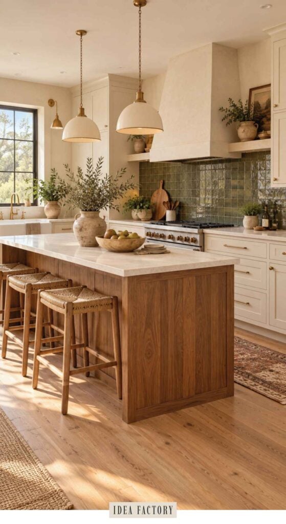 Kitchen island with a marble countertop, three woven stools, and a wooden base, set in a kitchen with green tiled walls and two pendant lights, perfect for earthy kitchen ideas.