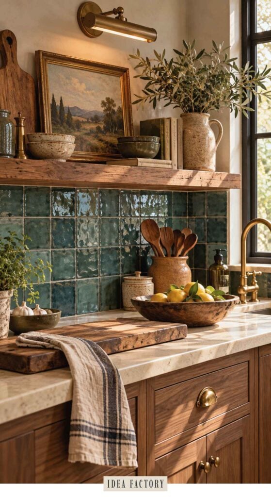 Kitchen counter with a wooden cutting board, a bowl of lemons, and dark teal square tiles on the wall beneath a wooden shelf, creating earthy kitchen ideas with books, a painting, and an olive branch.