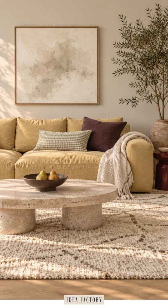 Mustard sofa in a living room with throw pillows and a knit blanket, positioned behind a round stone coffee table with a bowl of pears.