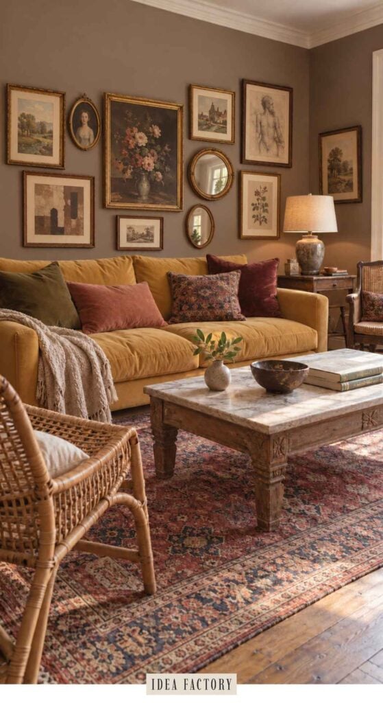 A mustard sofa in yellow velvet with various throw pillows sits in a living room featuring a gallery wall of framed art and mirrors above it, a stone coffee table, and a patterned area rug.