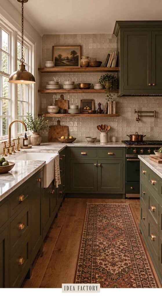Kitchen with olive green cabinets, marble countertops, open shelving, and a patterned runner rug on wood floors.
