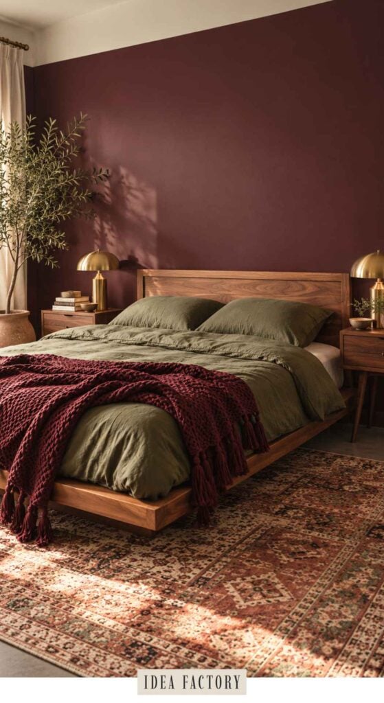Wooden platform bed with olive green bedding, a burgundy throw blanket, and bedside tables with gold lamps against a dark red wall.