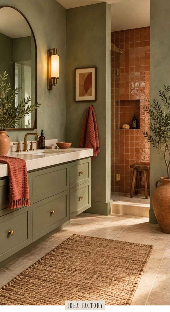 Bathroom with a green vanity, stone countertop, arched mirror, and a walk-in shower with brown tiles.