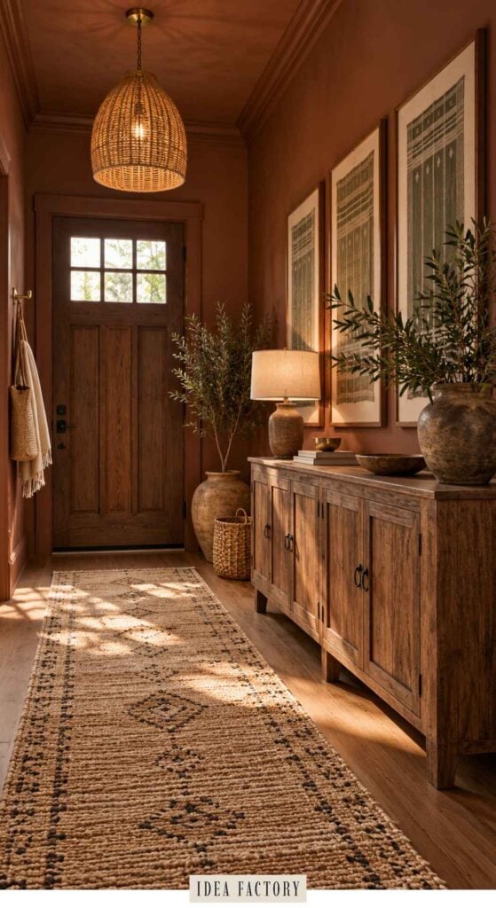 An entryway with terracotta walls featuring a wooden console table, a woven rug, a rattan pendant light, and a wooden front door.
